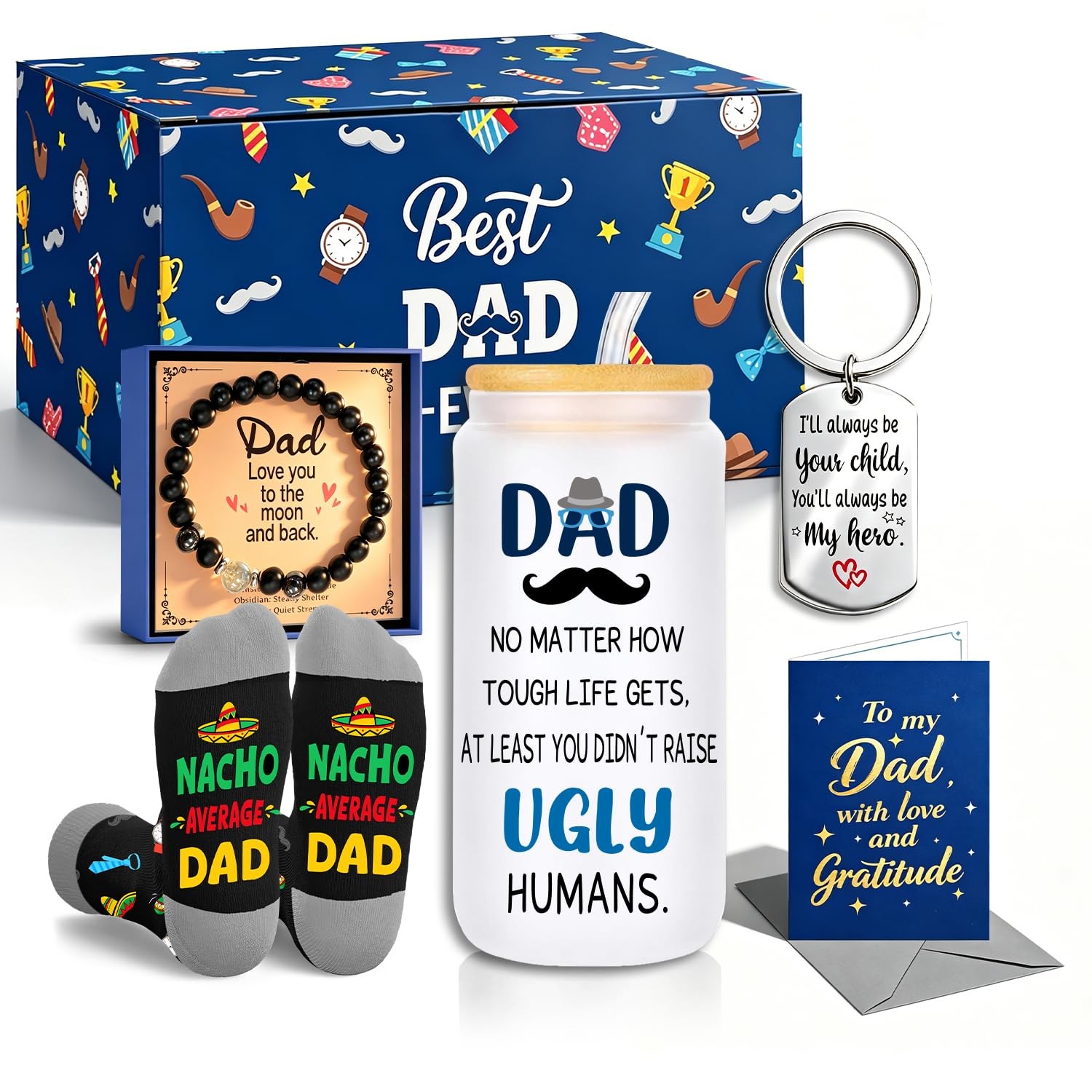 Dad Gifts for Fathers Day - Funny Dad Gift Box with Glass Cup, Bracelet, Socks,