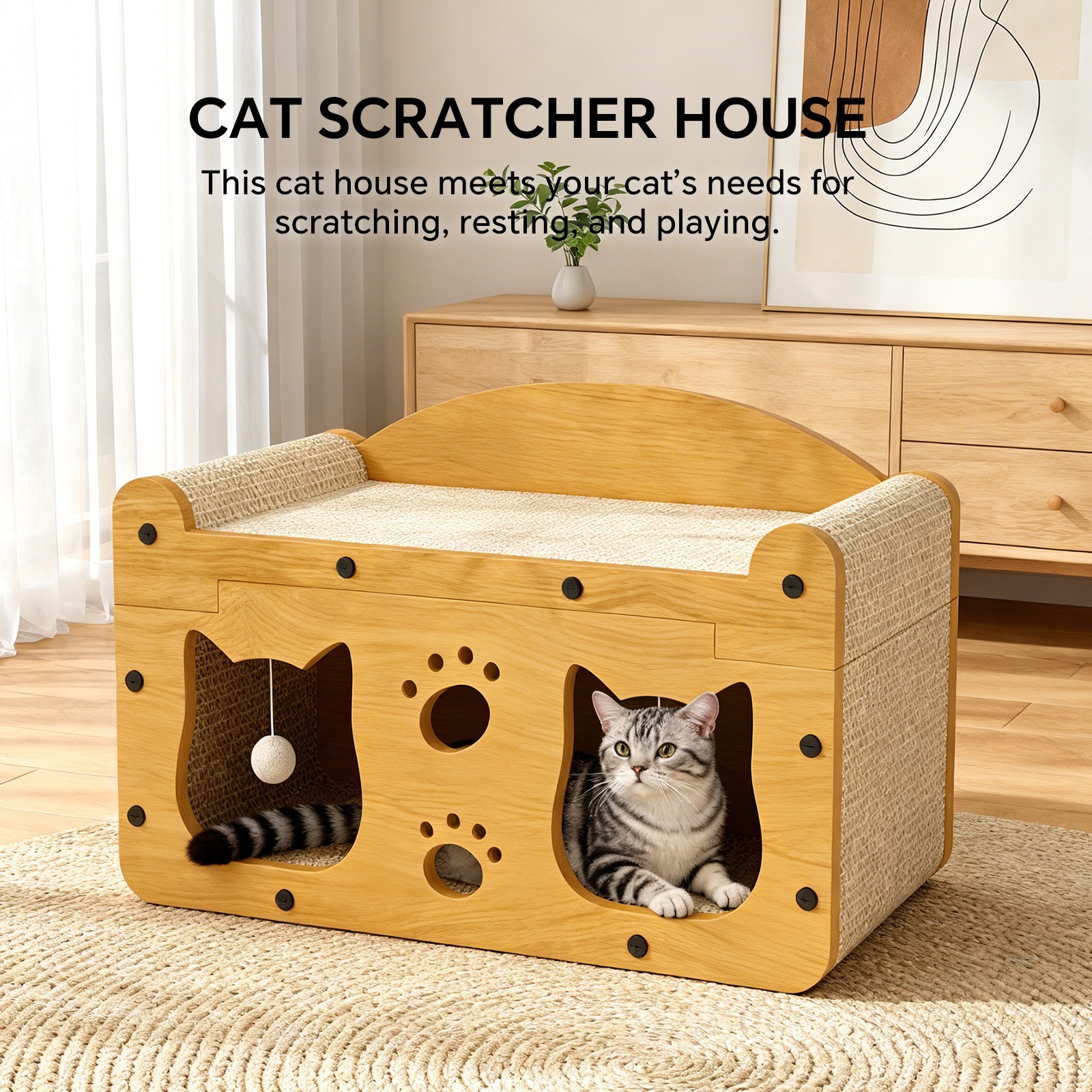 Wooden Cat Scratcher House 2-in-1 Cat Bed Cave with Scratching Pad Hanging Ball 