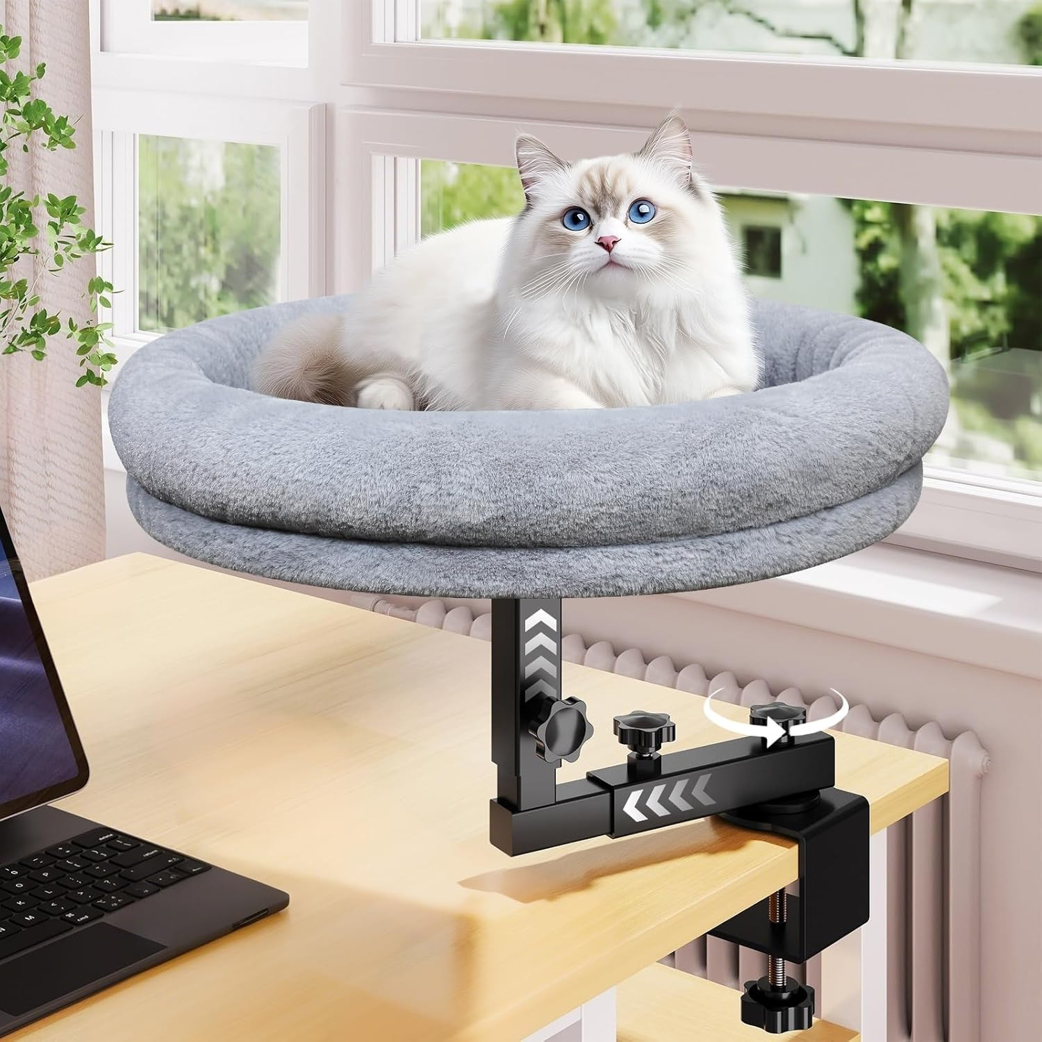 Large Cat Desk Bed with 360° Rotation, Soft Faux Fur, Holds up to 50Lb