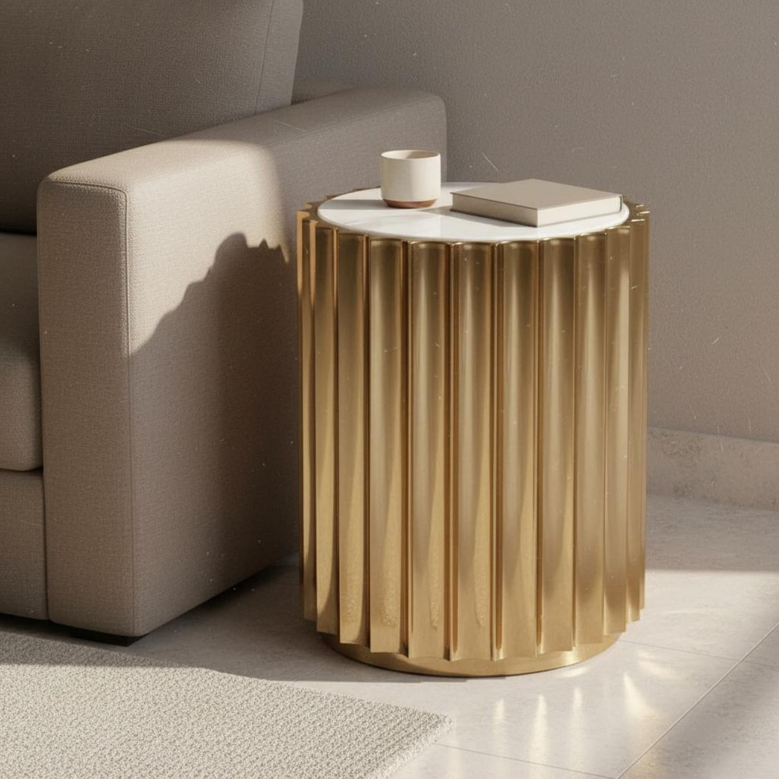 Round Fluted Coffee Table Lamp High-End Design Fluted Drum Coffee Table Marble