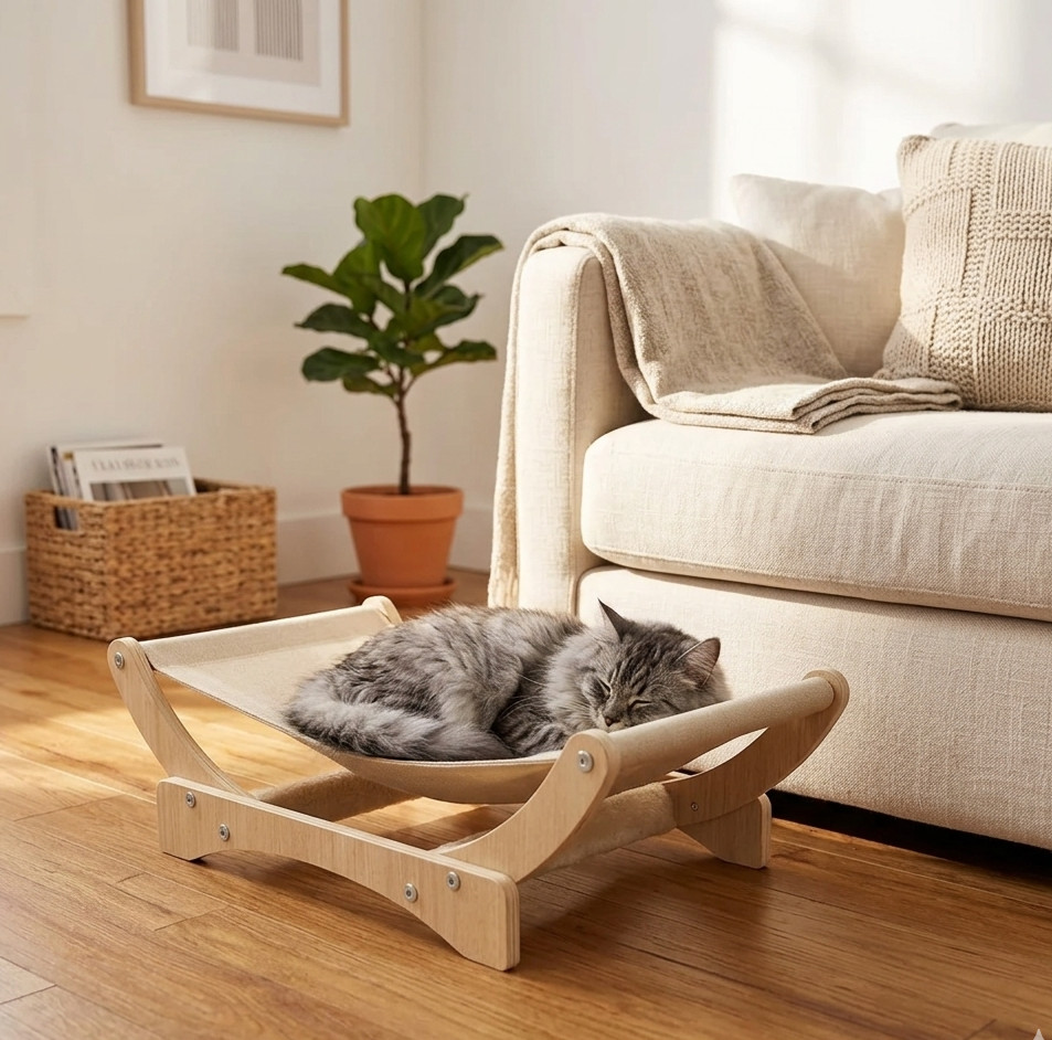 24" Elevated Cat Hammock Bed Cozy Raised Cat Lounger Washable Pet Cot Beige