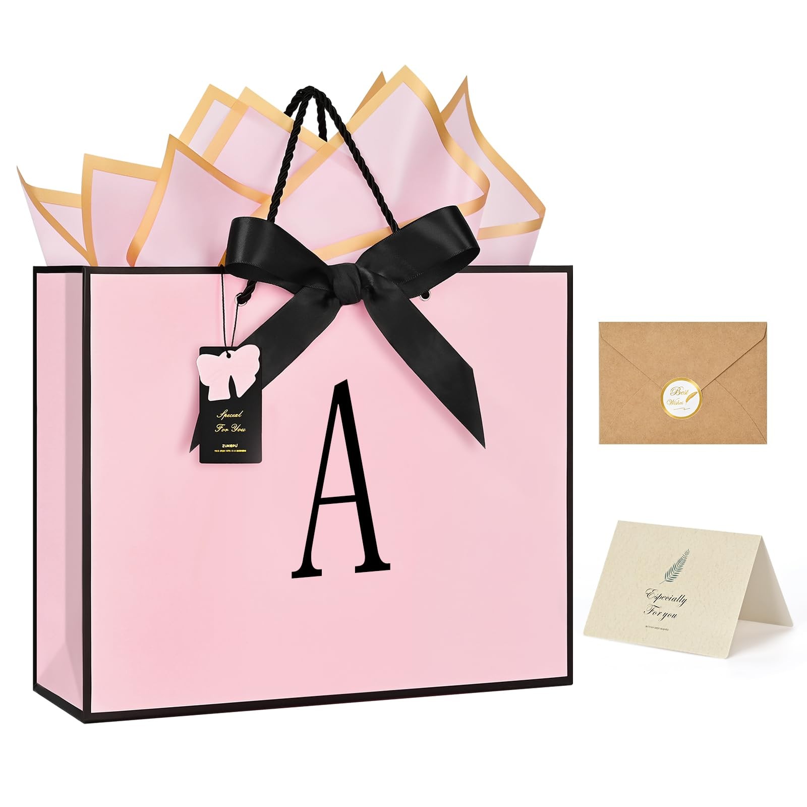 Birthday Gift Bag, Personalized Initial Pink Gift Bags for Women & Girls, Med.