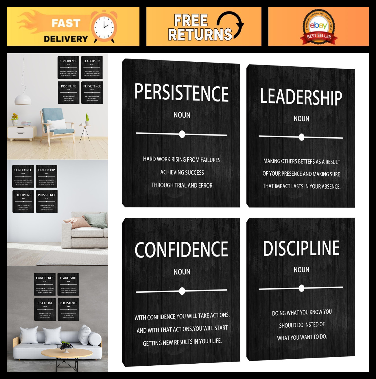 4-Piece Motivational Wall Art Set - Inspirational Quotes Decor for Home & Office