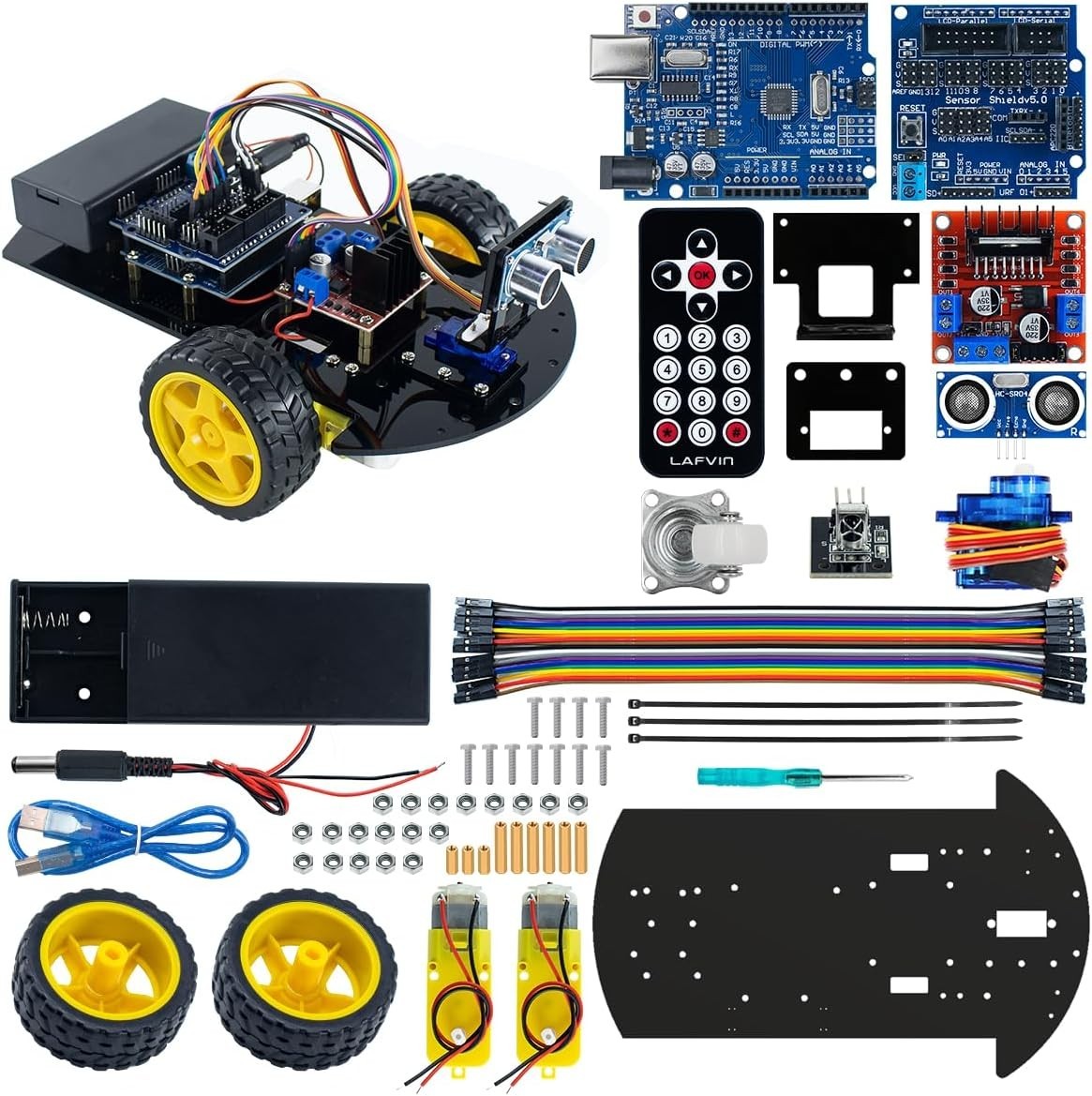 2WD Smart Robot Car Kit R3 Board Ultrasonic Sensor IR Remote STEM DIY