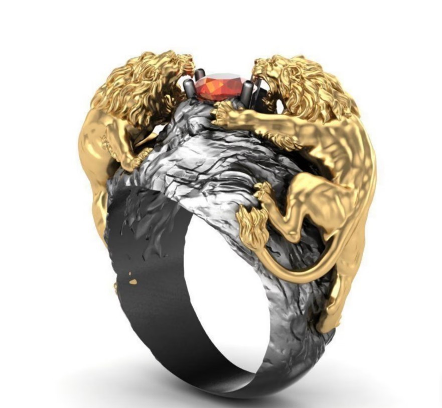 Unique Lion Two Head Gold Ring Gift to Him Lion Ring, Mens Gold Ring,