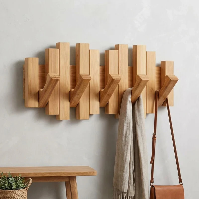 Retractable Bamboo Natural Wood Wall Coat Hook Wall Art 15"L x 6.25"H x 1.5"