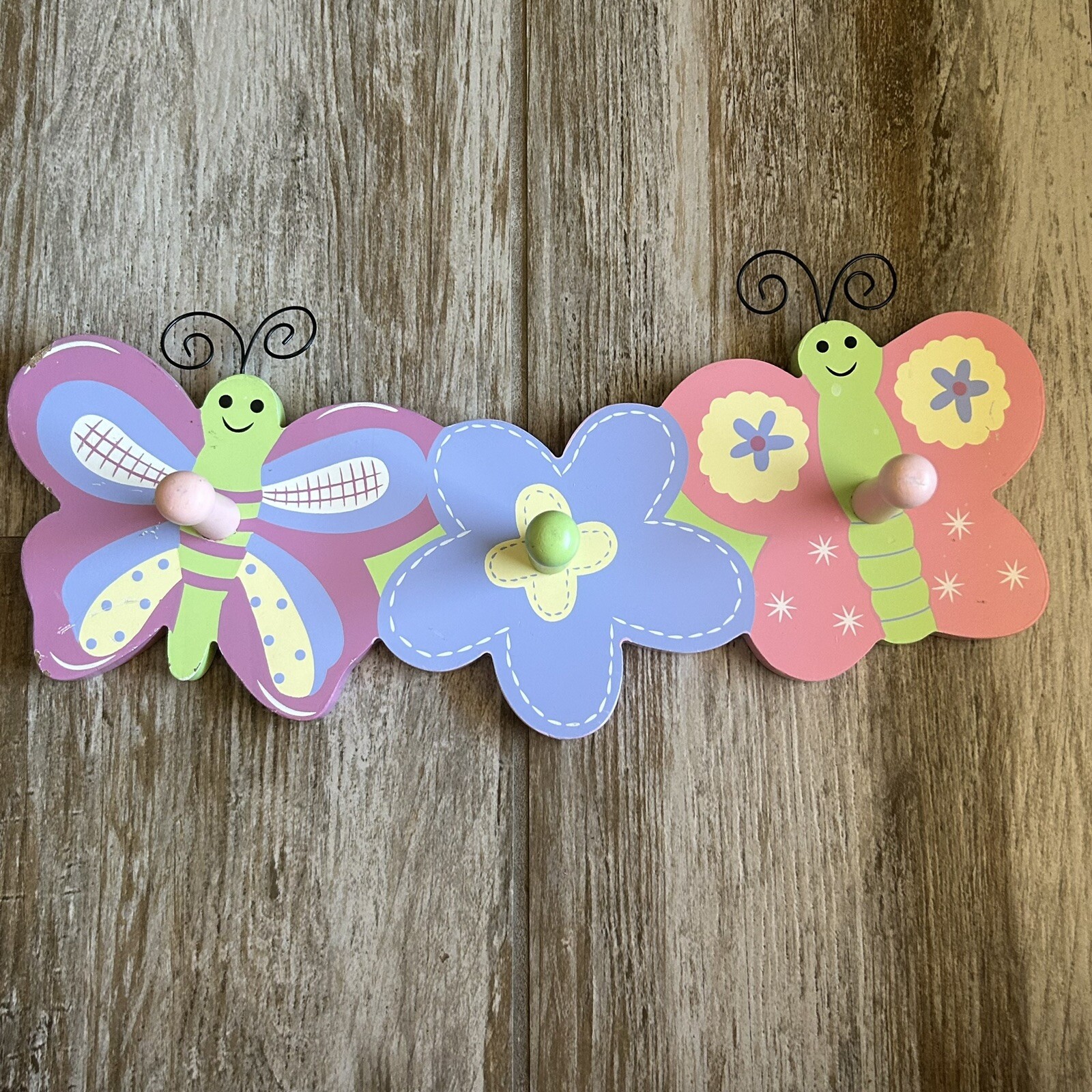 Butterfly & Flower 3 Peg Wooden Wall Hooks Girls Room Decor Pink Purple Green