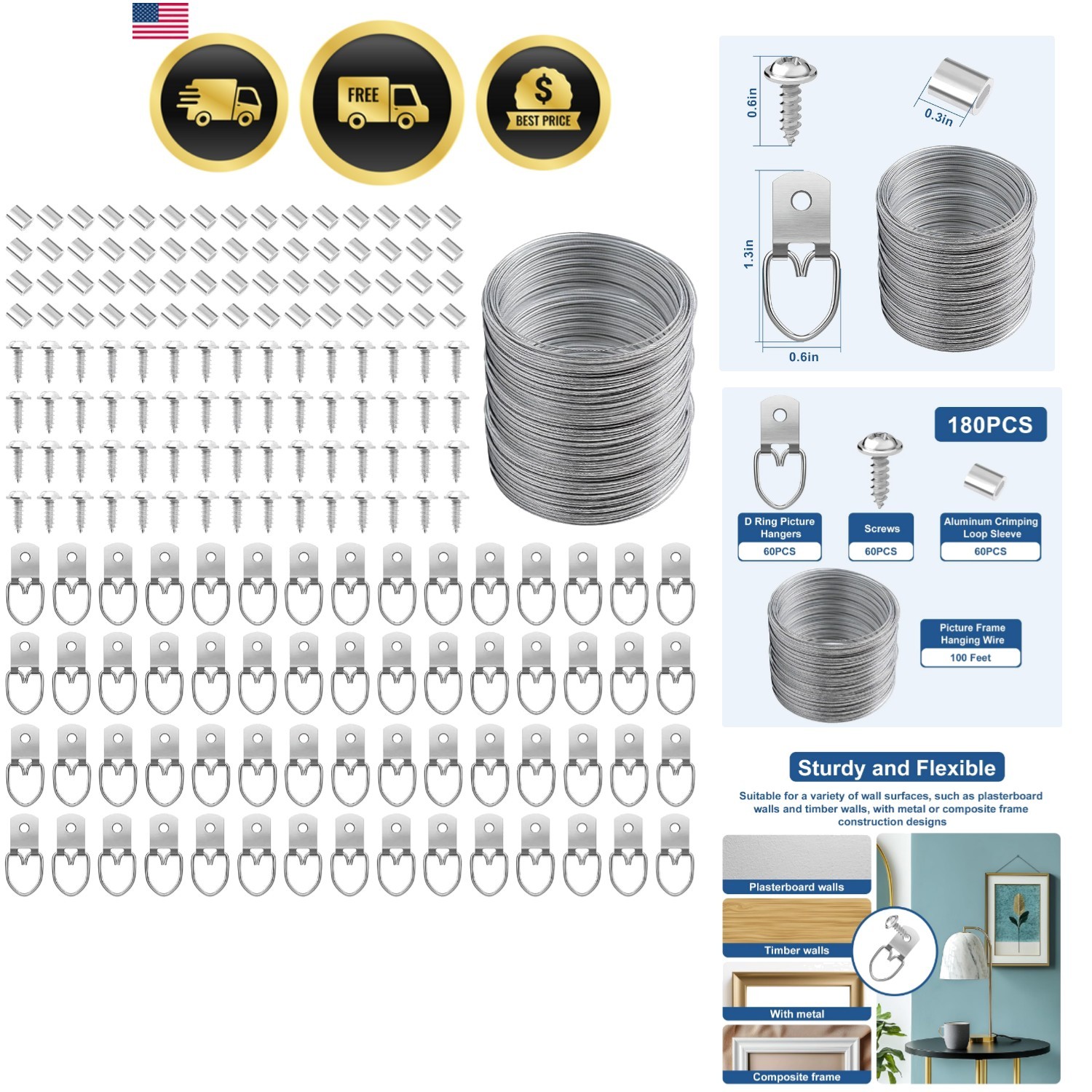 Picture Hanging Kit 181 Pcs D Ring Hangers Wire Mirrors Art Clocks Home