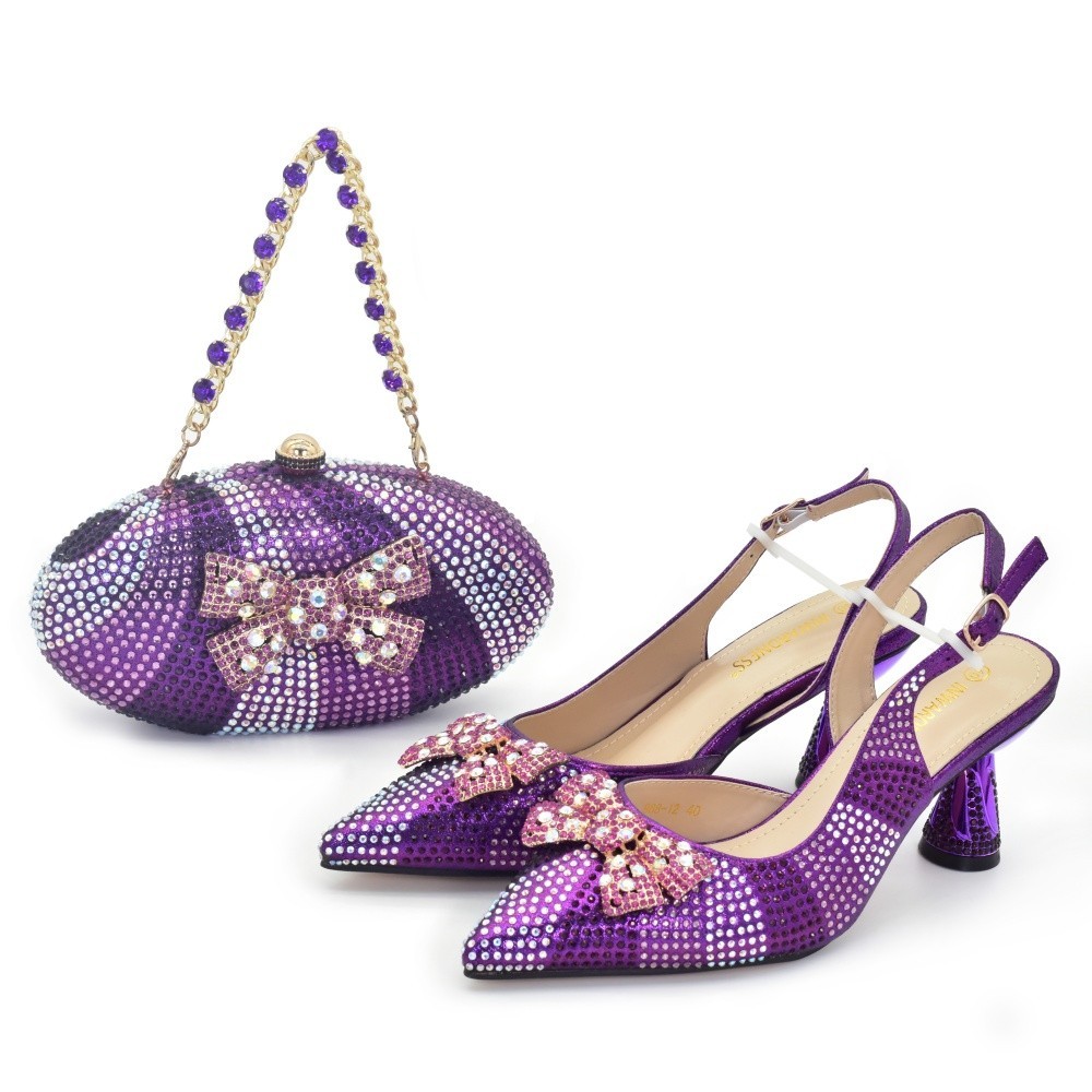 Italian Shoes And Bag Shoes For Women Party Luxury Stones Matching 1 Set Purple