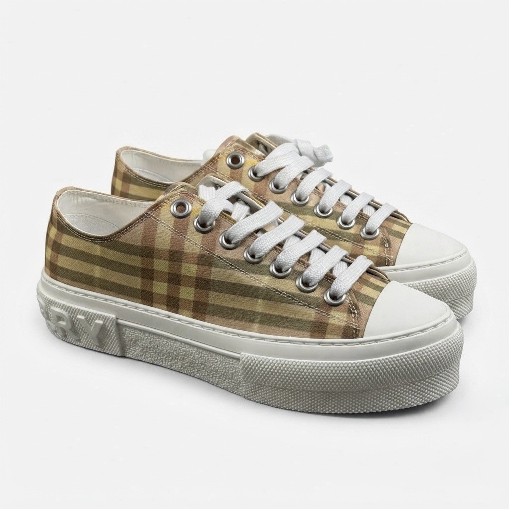 Burberry Size-38.5 Womens Check Jack Low Top Sneakers Logo Sole Dust Bag