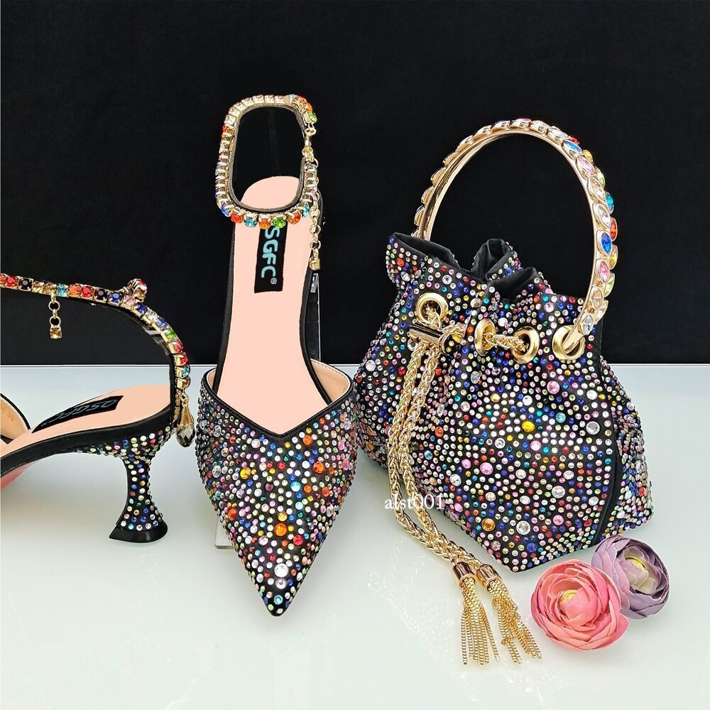 Luxury Women's Pointed Toe Shoes and Bag Set Full Rhinestone Decorated Metal Bag