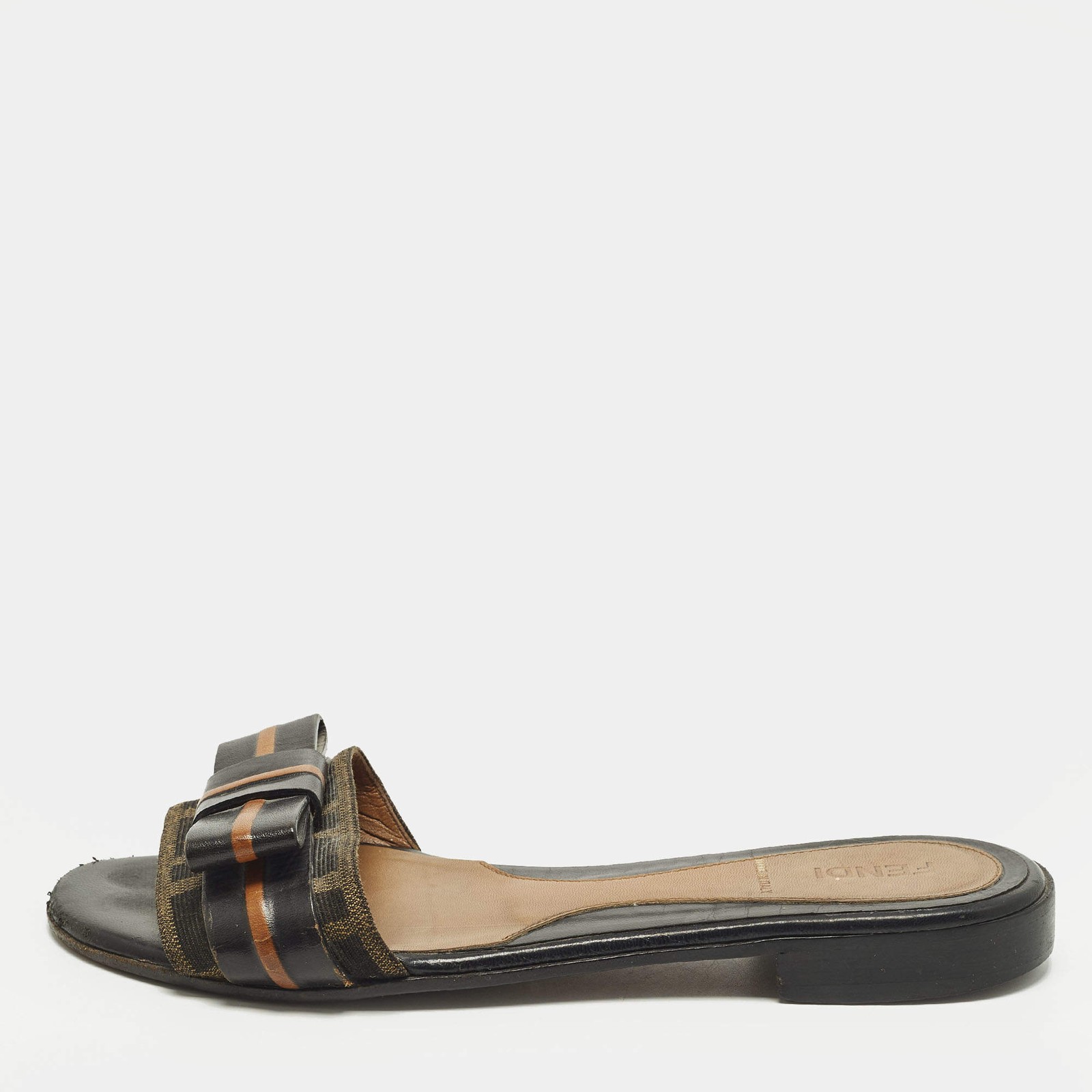 Fendi Baguette Size 35 BlackBrown Canvas and Leather Flat Slides