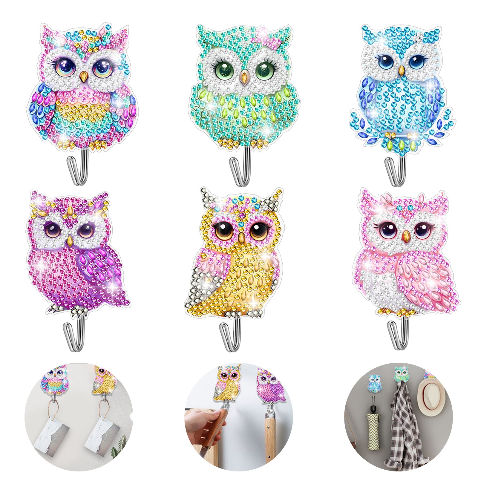6x Owl Diamond Painting Wall Hooks DIY Craft Adhesive Key Holder Cute Home Decor