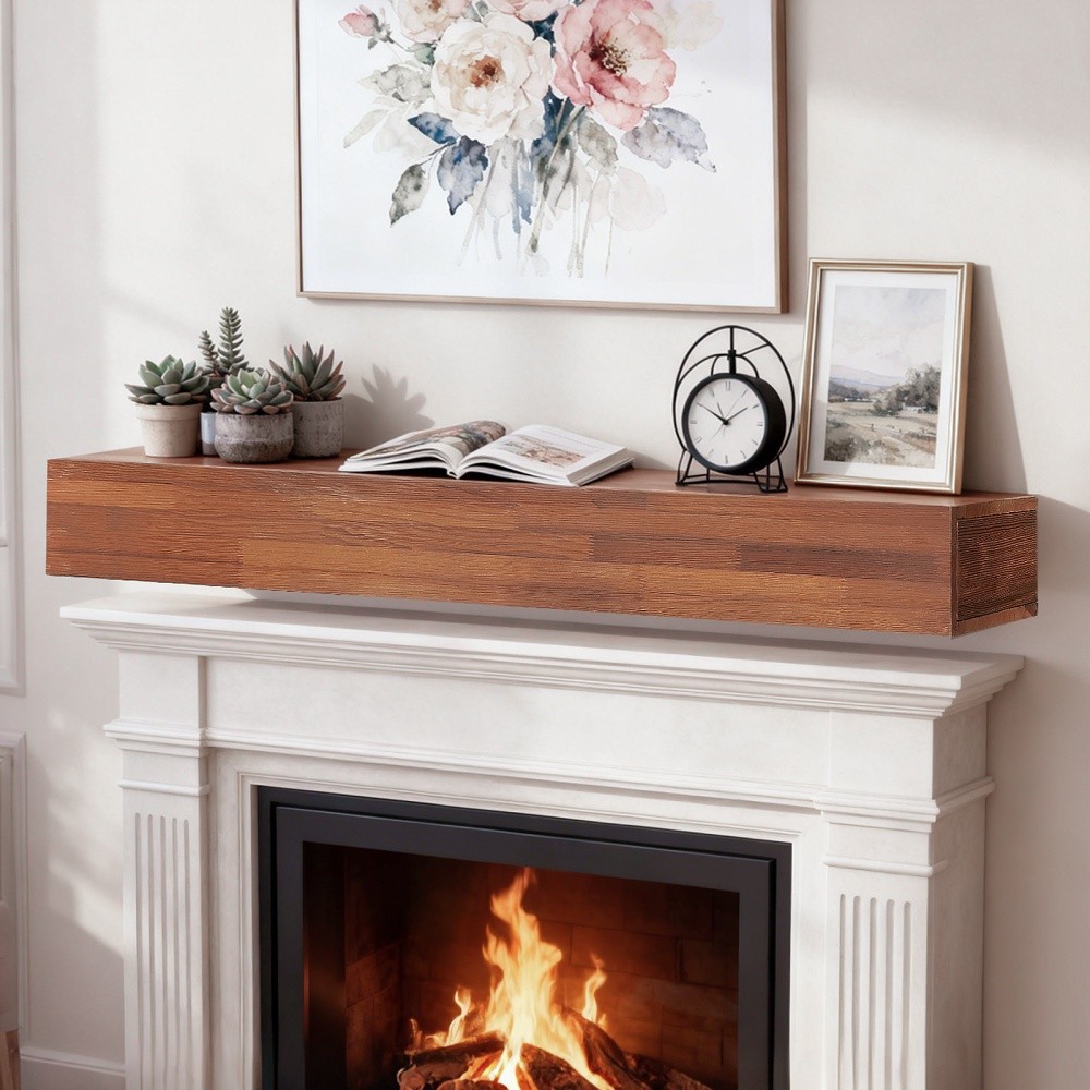 60" Wood Fireplace Mantel , Wall-Mounted & Floating Shelf for Home Decor Brown
