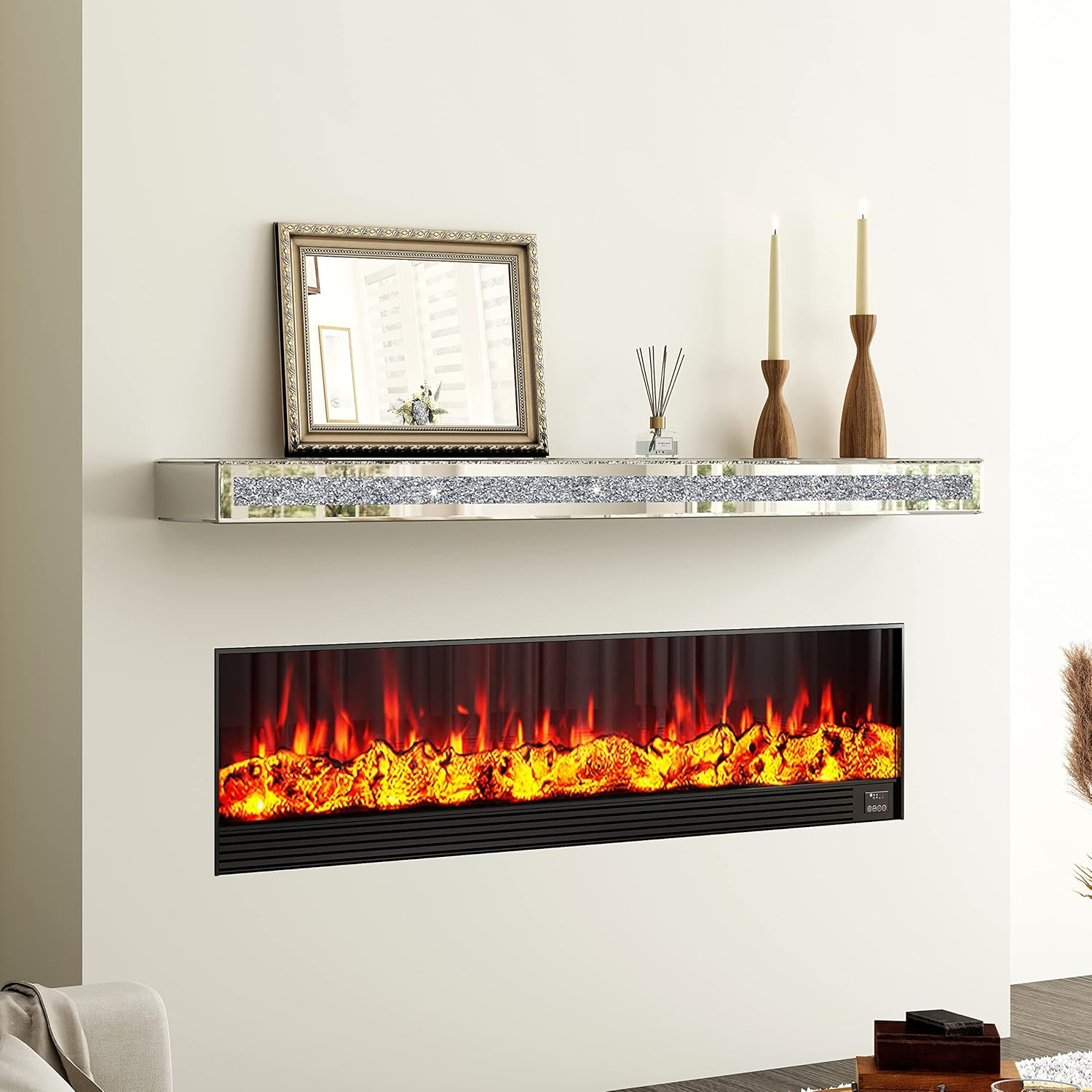 48" Mirrored Floating Mantel Shelf with Crystal Diamonds for Living Room & TV