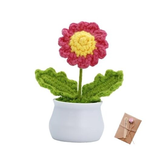 Cute Knitting Crochet Daisies Flowers Potted Plant for Desk Decor, Pink Daisies
