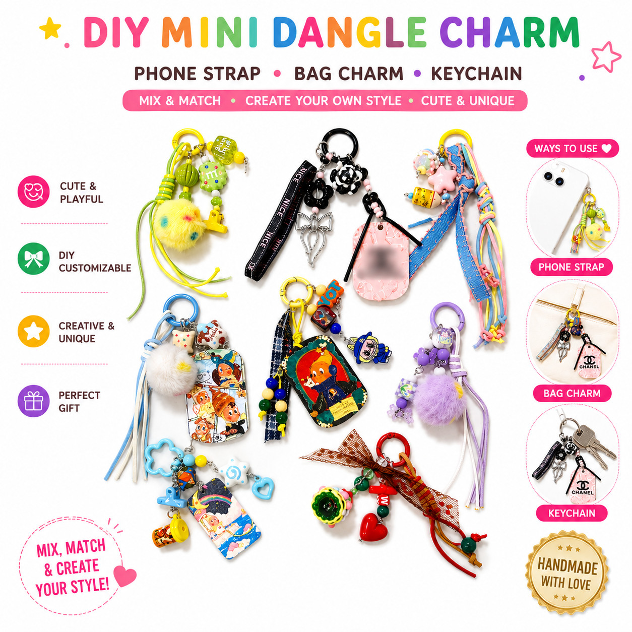 DIY Mini Dangle Charm Phone Strap Bag Charm Keychain Handmade Cute Gift