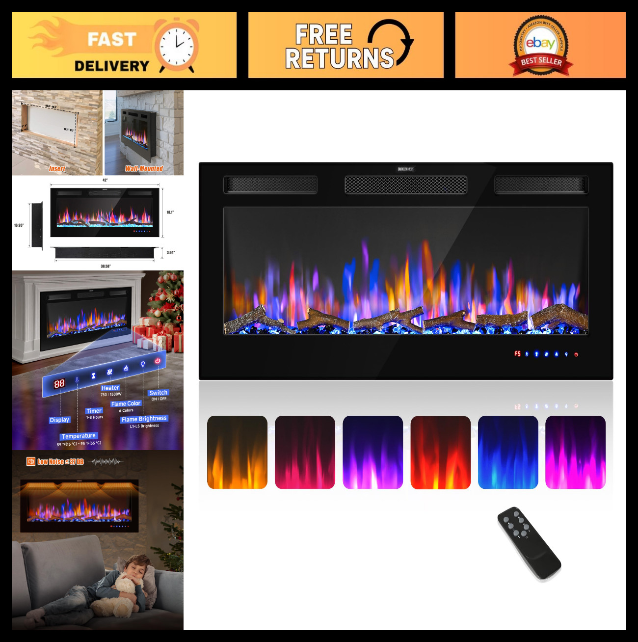 42" Electric Fireplace Insert - Recessed Wall Heater, Remote Control, Adjustable