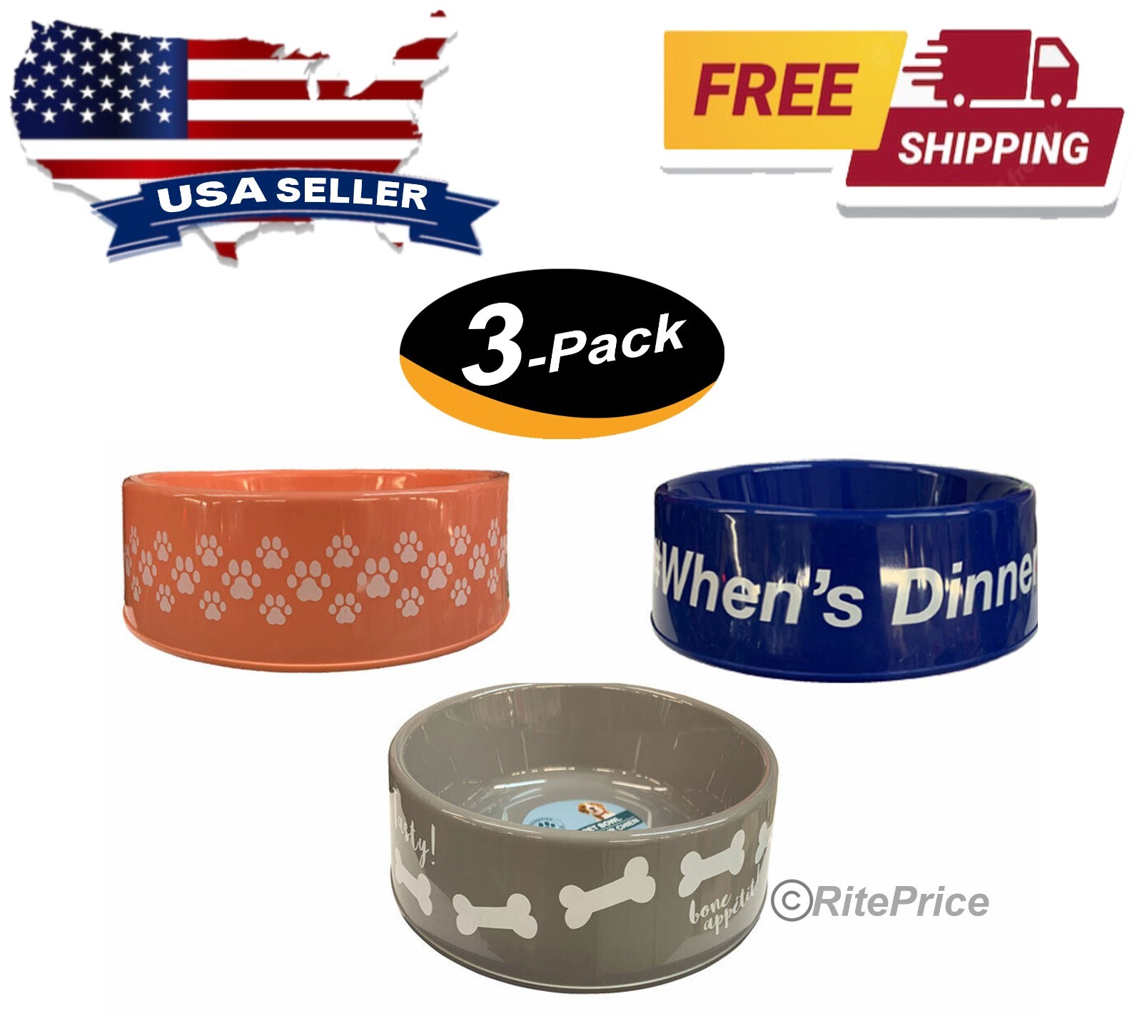 TBC Home Decor Round Plastic Pet Bowls Set Assorted Color-9 3/4 inch (3 Pack)