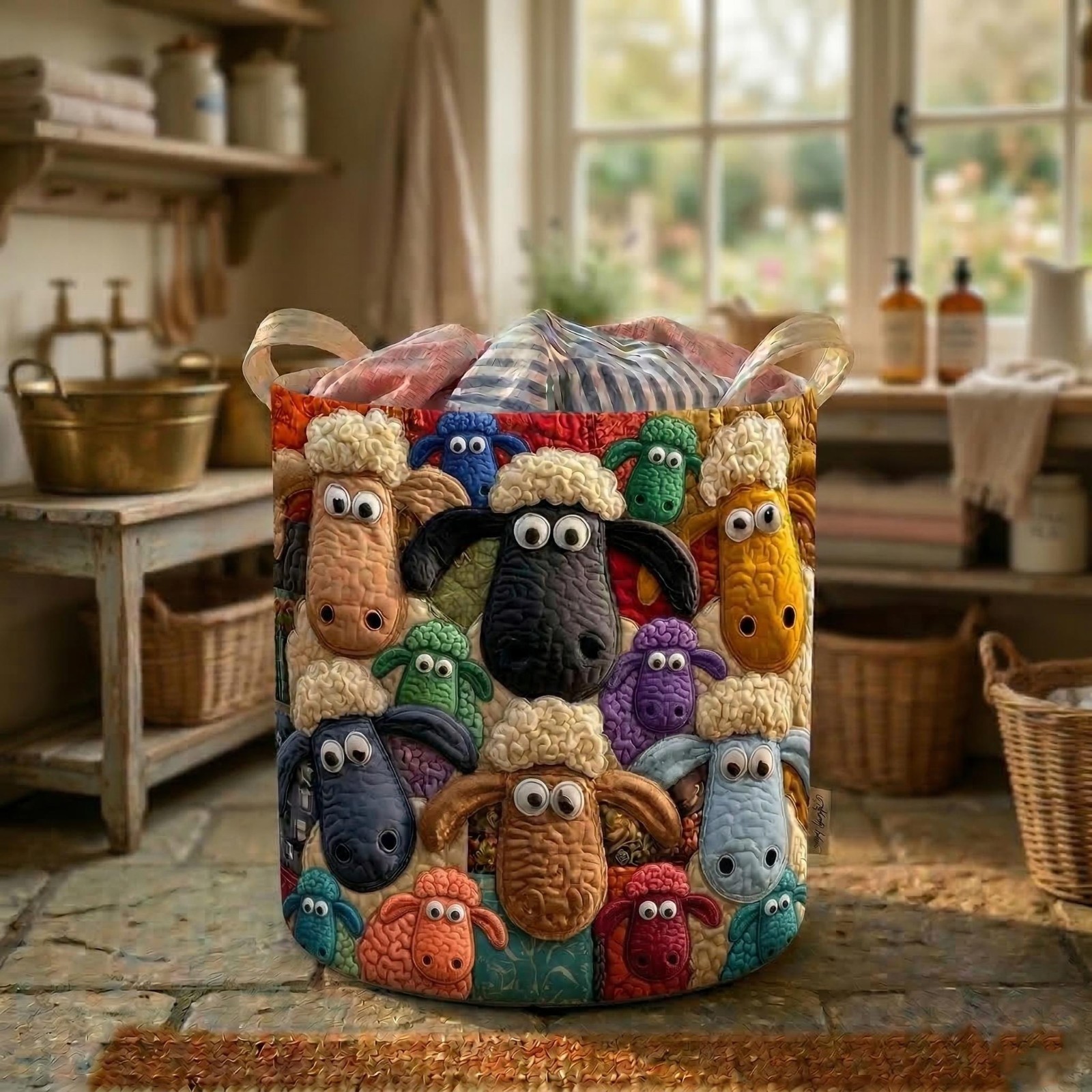 Quilted Sheep Laundry Basket, Farmhouse Cottagecore Hamper, Cozy Home Organizer