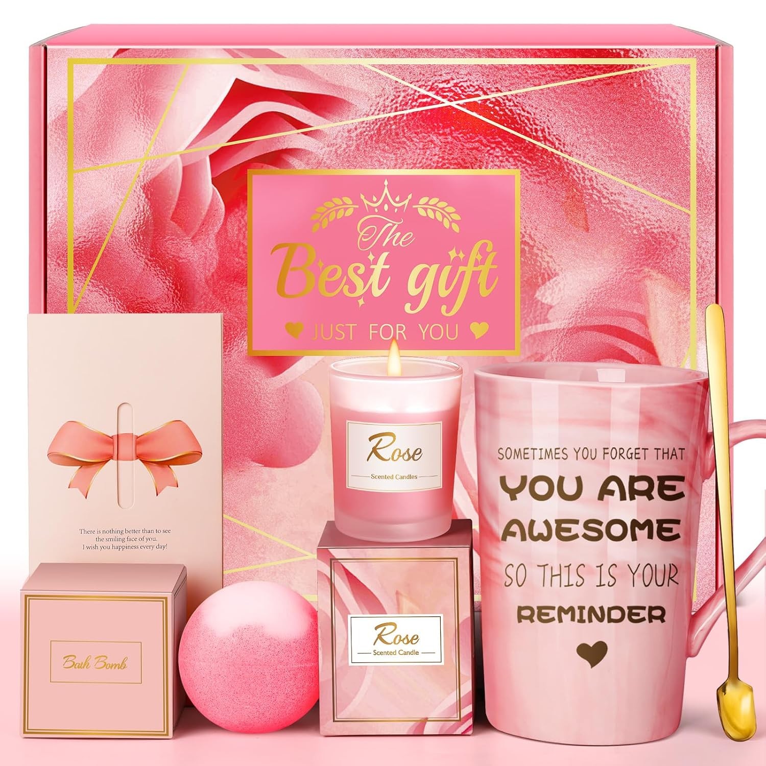 Birthday Gifts for Women, Mom, Unique Pink Spa Relaxation Baskets Set | Christma
