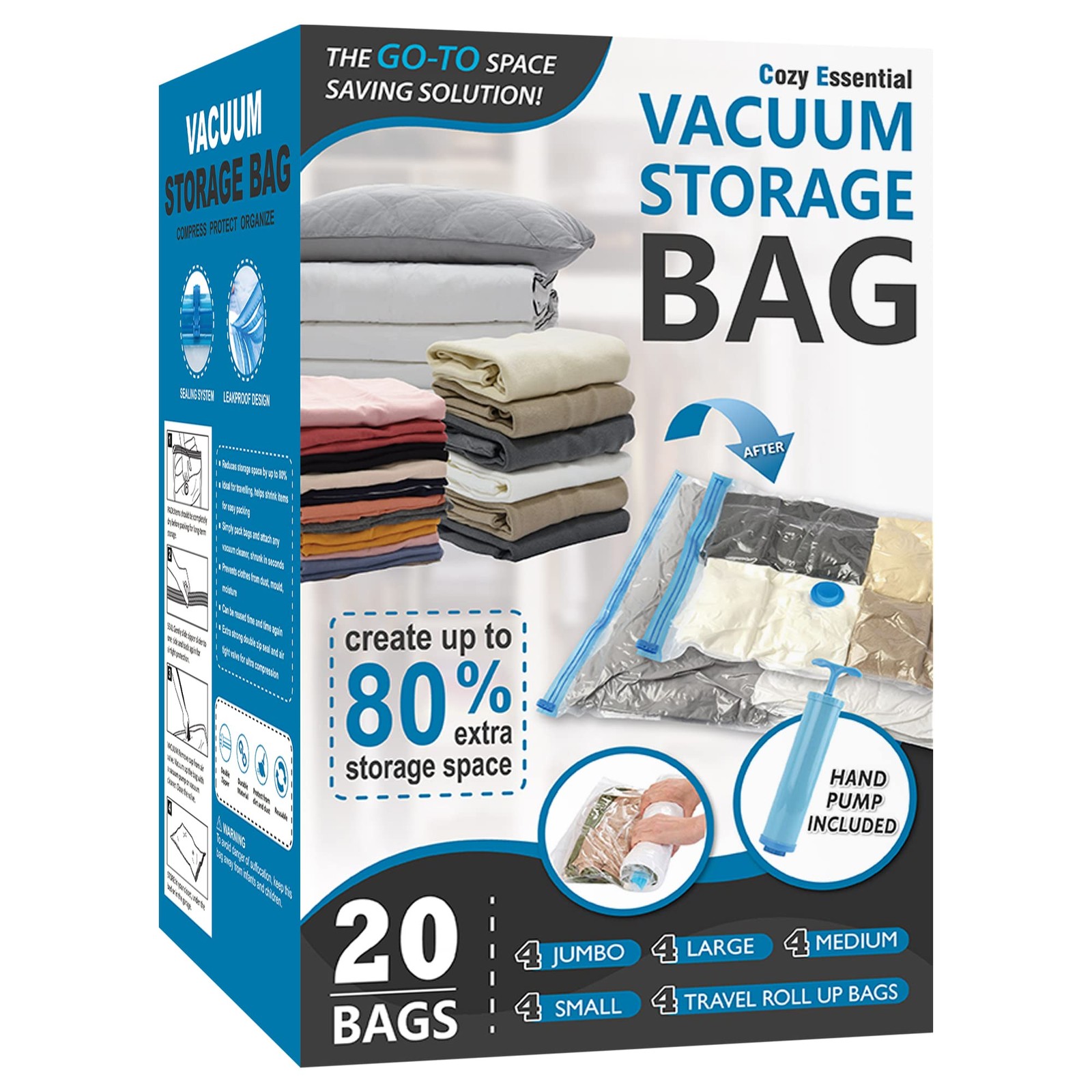 20 Pack Vacuum Storage Bags Space Saver Compression Bags with Hand Pump Set