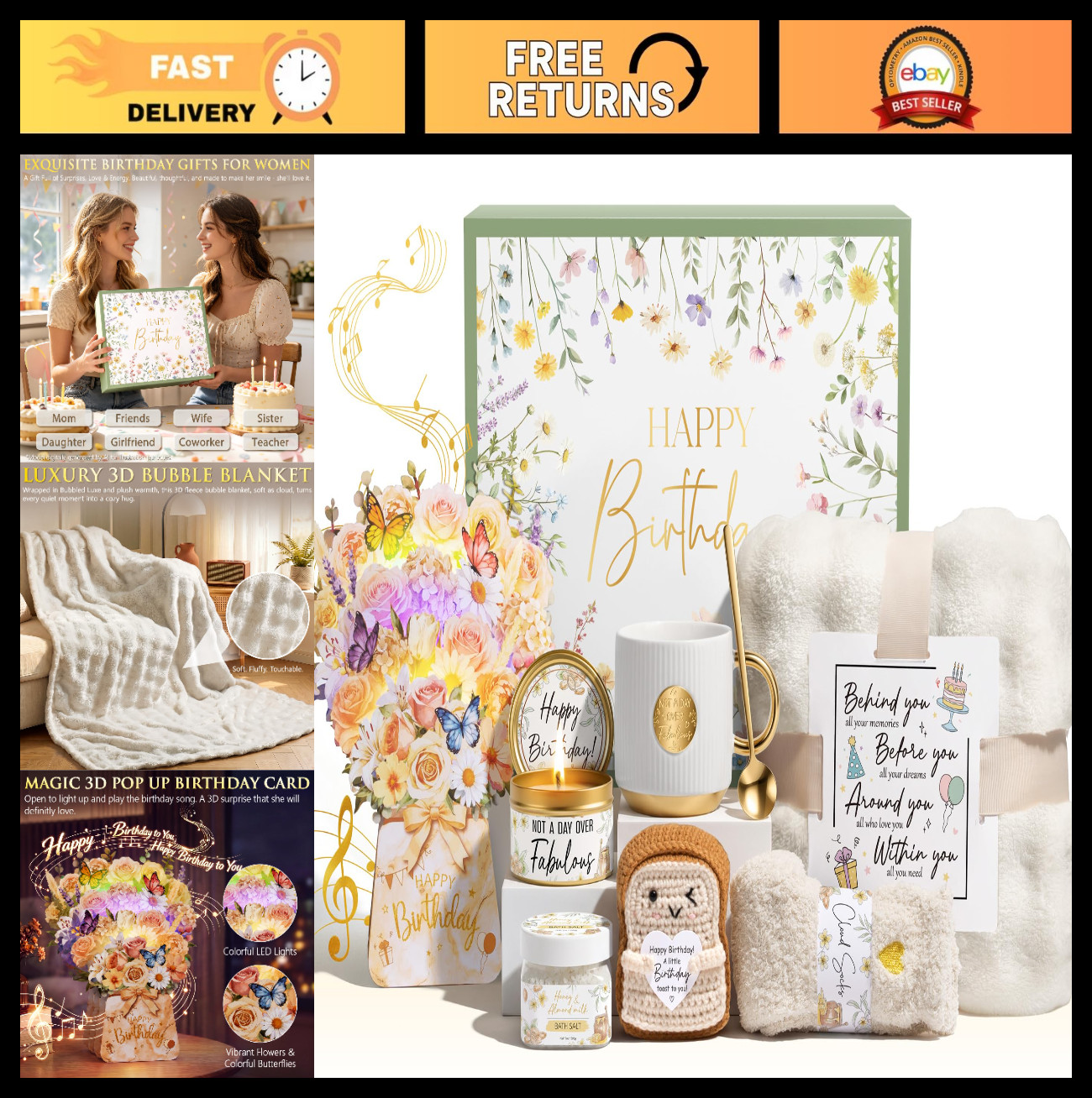 Birthday Gift Basket for Women | Unique Gift Box w/ 3D Musical Card for Mom, Sis