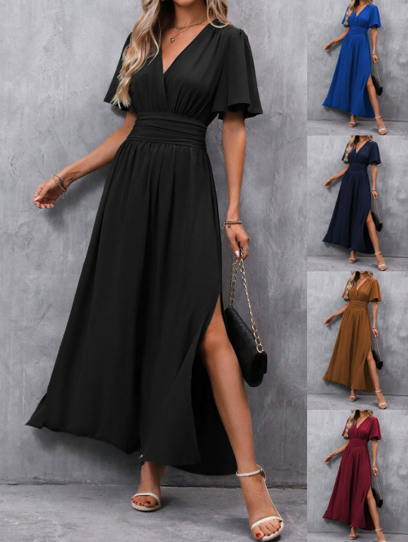 Women Elegant V-Neck Flutter Sleeve Smocked High Slit Maxi Dress