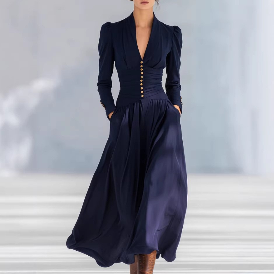 Elegant V-Neck Satin Dress with Puffed Long Sleeves and High Waist Silhouette