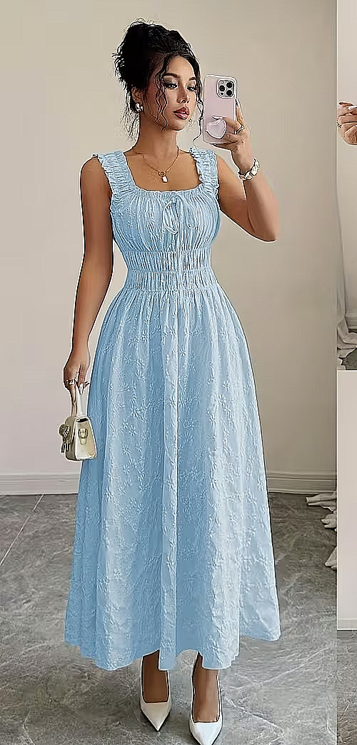 Textured Floral Spaghetti Strap Bow Dress Elegant  Versatile