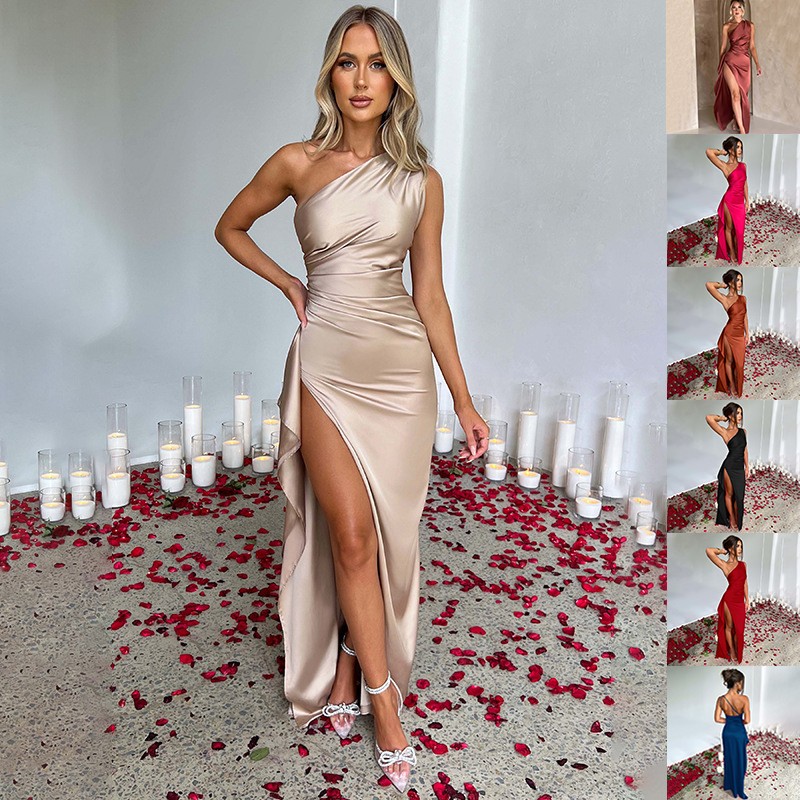 Women's Elegant One-Shoulder Satin Dress Backless High Slit Evening Party Gown