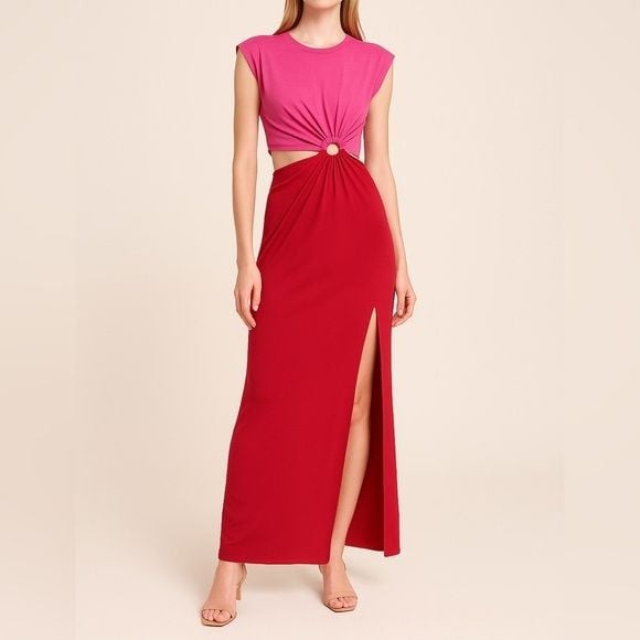 Red Cutout Maxi Dress Side Slit Elegant Evening Dress Size S