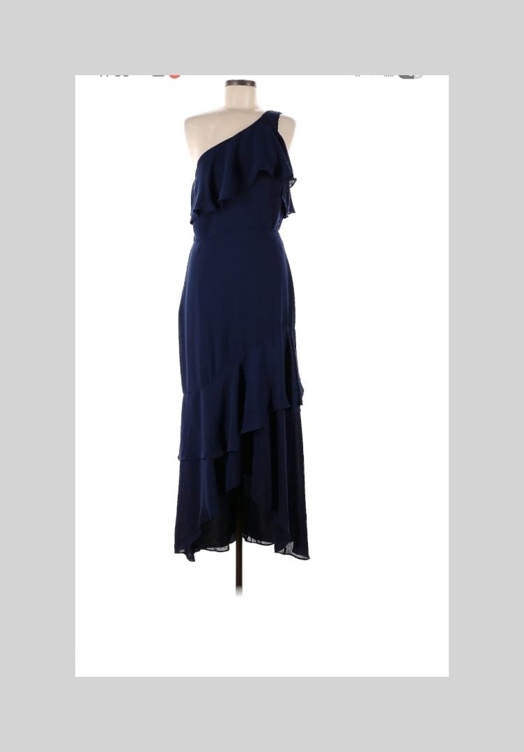 Elegant one-shoulder navy dress with cascading ruffle details. Flattering fitted
