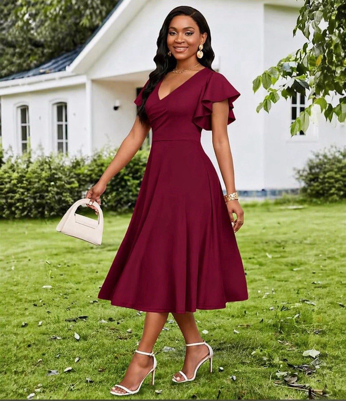 Women's Cocktail Midi Dress Elegant V Neck Ruffle Short Sleeve Wrap Wedding 2XL