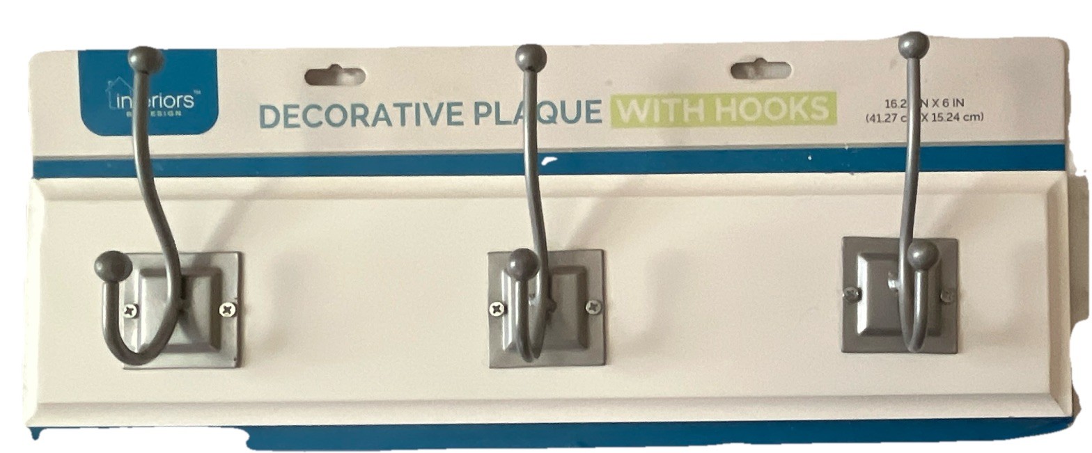 Interiors by Design Coat Rack Panel w/ Hooks Wall Mounted 16.25 x 6 White Gray