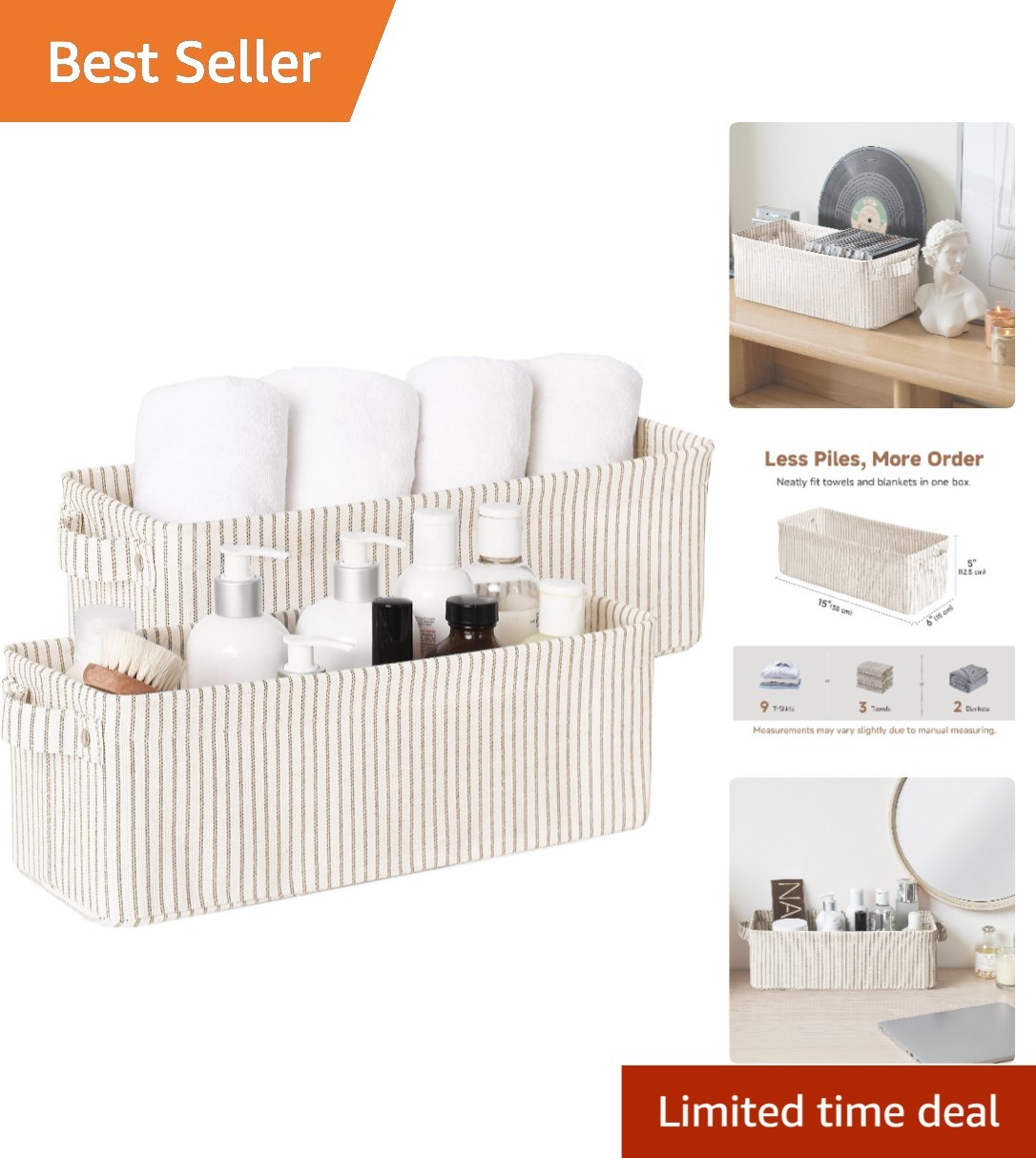 Elegant Khaki Striped Storage Baskets - Perfect for Any Room Organization