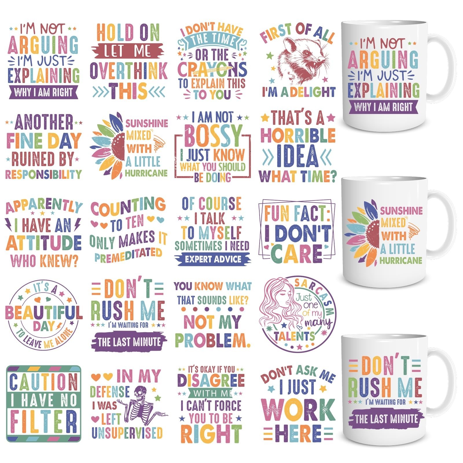 20 Sheets Funny Sarcastic UV DTF Cup Wrap Transfer Decals for Mug | Colorful ...