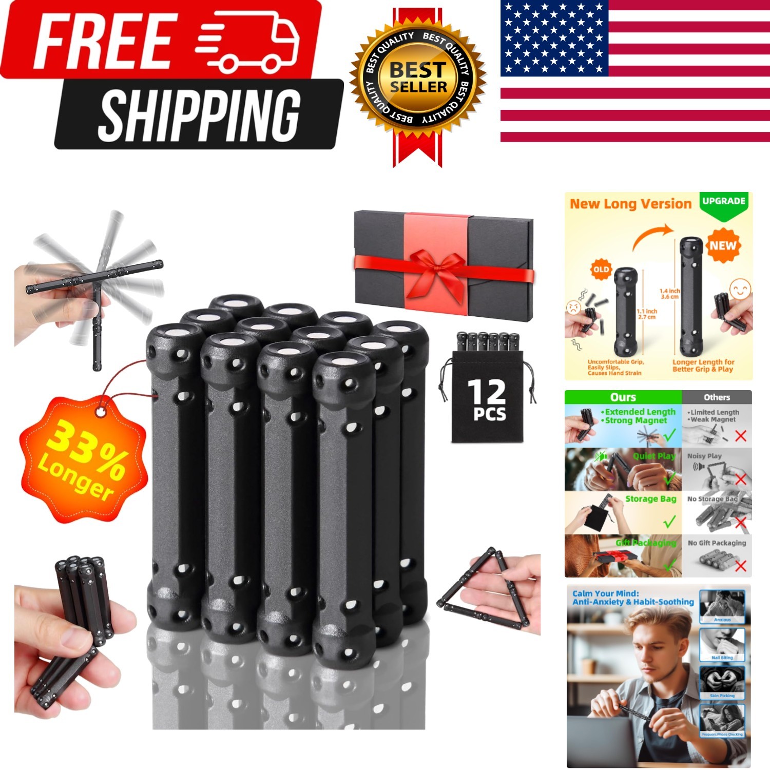12 Pack Magnetic Fidget Toys for Adults Anxiety Relief Cool Stress Gadgets