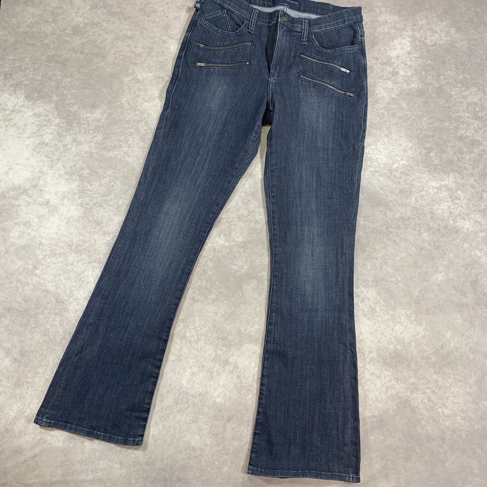 Rock & Republic Kasandra Bootcut Jeans 12 (32x33) Dark Blue Zipper Accents Y2K