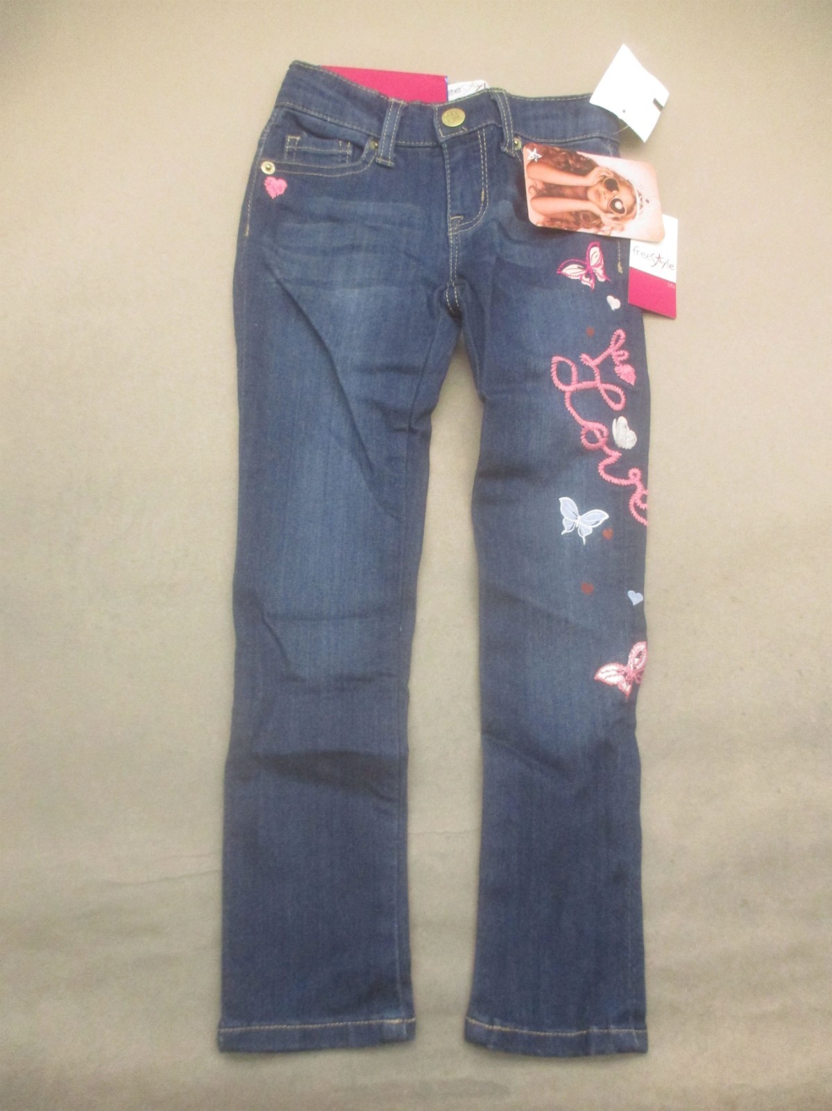 NWT Free Style Size 4 Womens Blue Cotton Blend Embroidered Casual Jeans 154