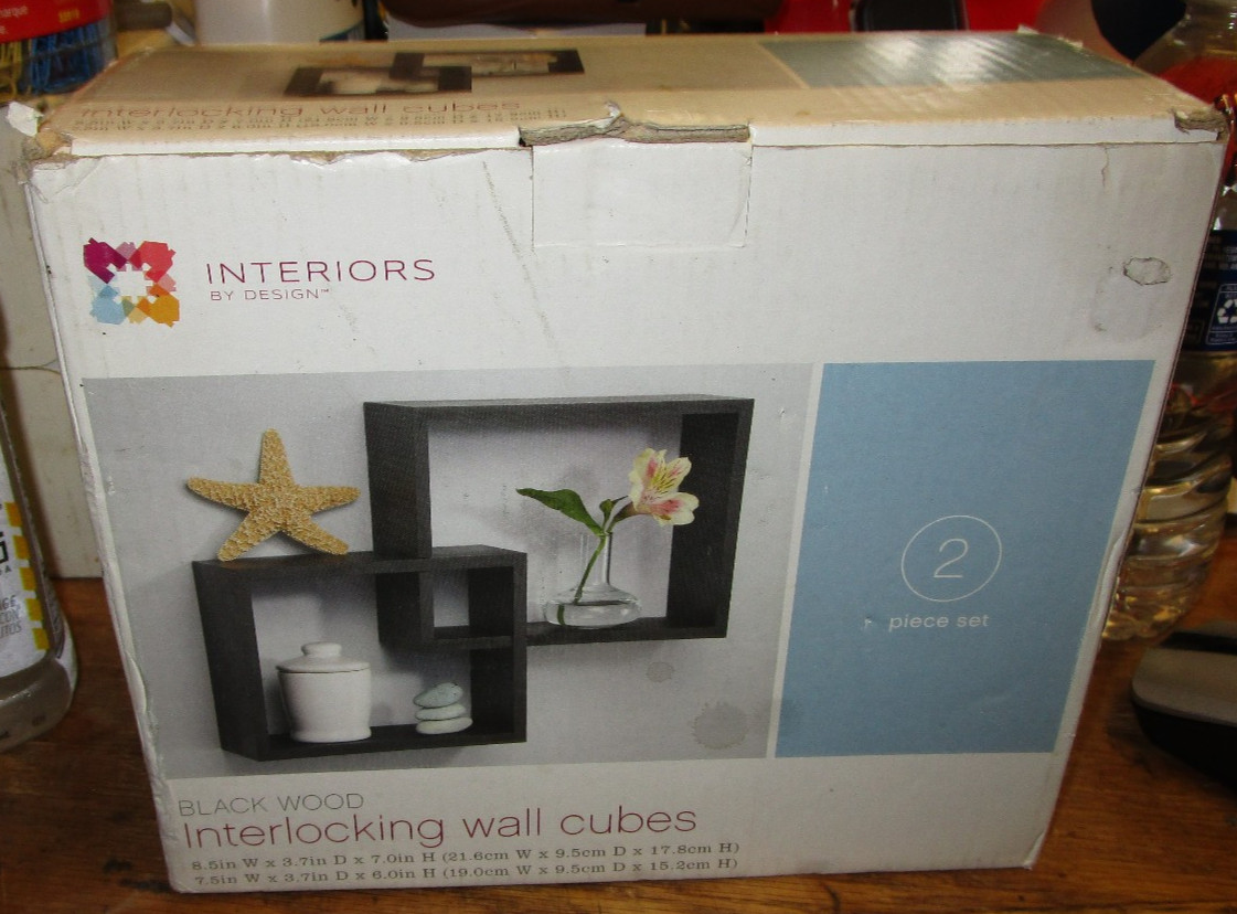 Interiors By Design Black Wooden Interlocking Wall Cubes  2-Piece Set