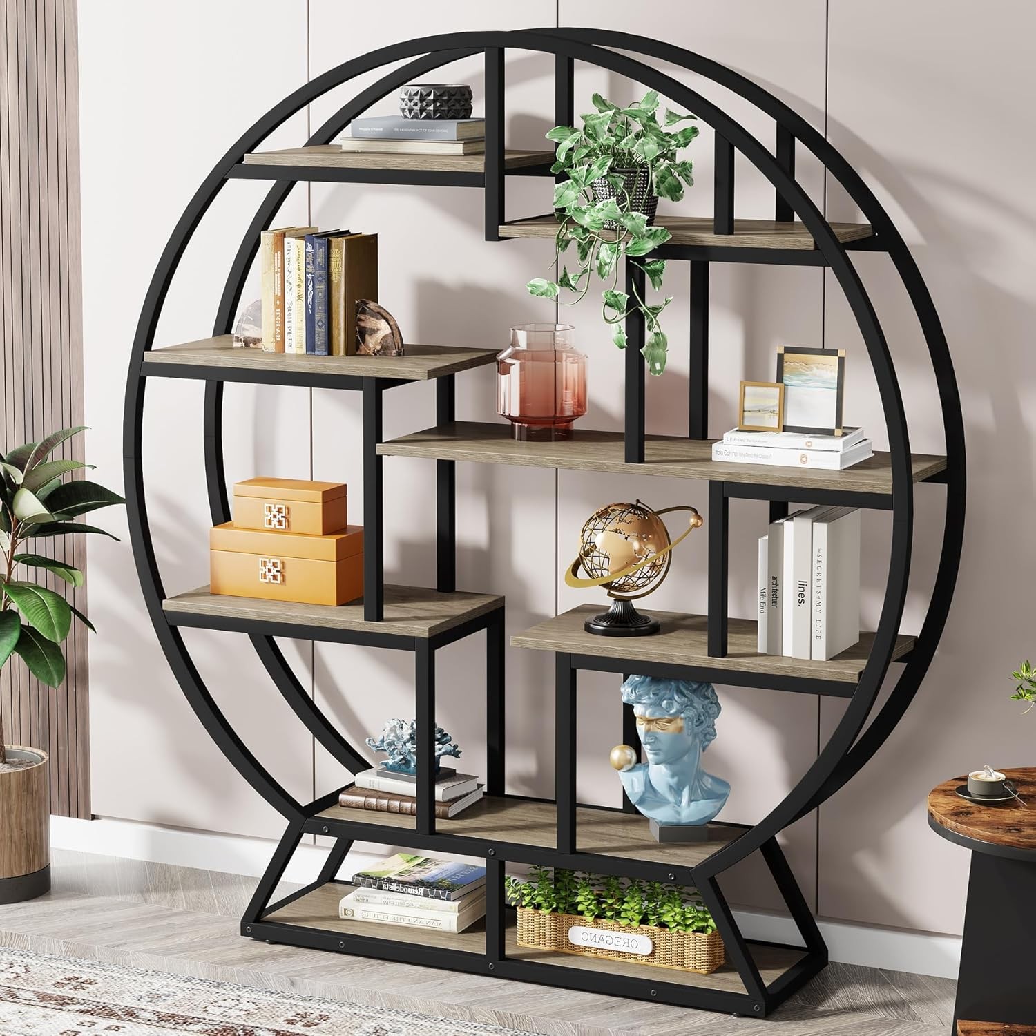62" Round Bookcase, 5 Tier Modern Etagere Bookshelf Open Shelving Organizer Rack