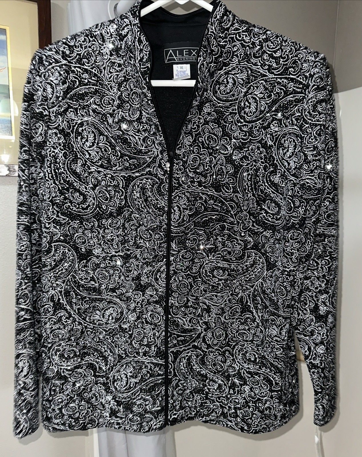 Sparkle Alex Evenings Embellished Jacket Blazer Size XL  BeJeweled Zipper Front