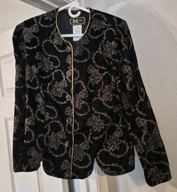 Women's Black R & K Evening jacket velvet-look, sparkling swirls,gold cording
