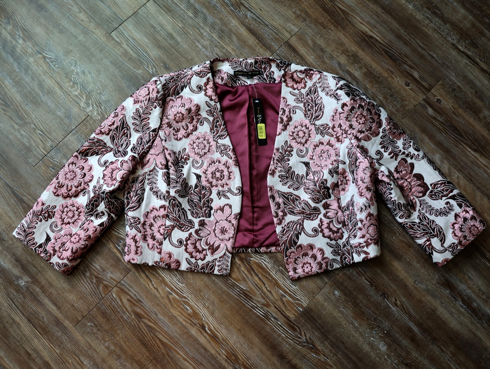 Preston & York Metallic Floral Brocade Jacket Open Front Shoulder Pads Womens 16