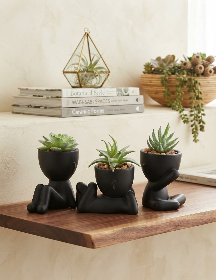 Quirky Sitting Person Black Mini Planters with Artificial Succulents