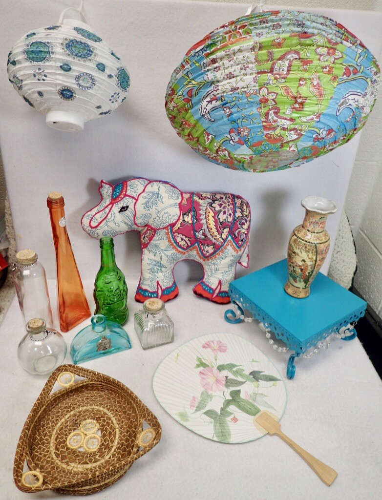 lot of World Market whimsical home decor paper lanterns shelf unicorn bottles 