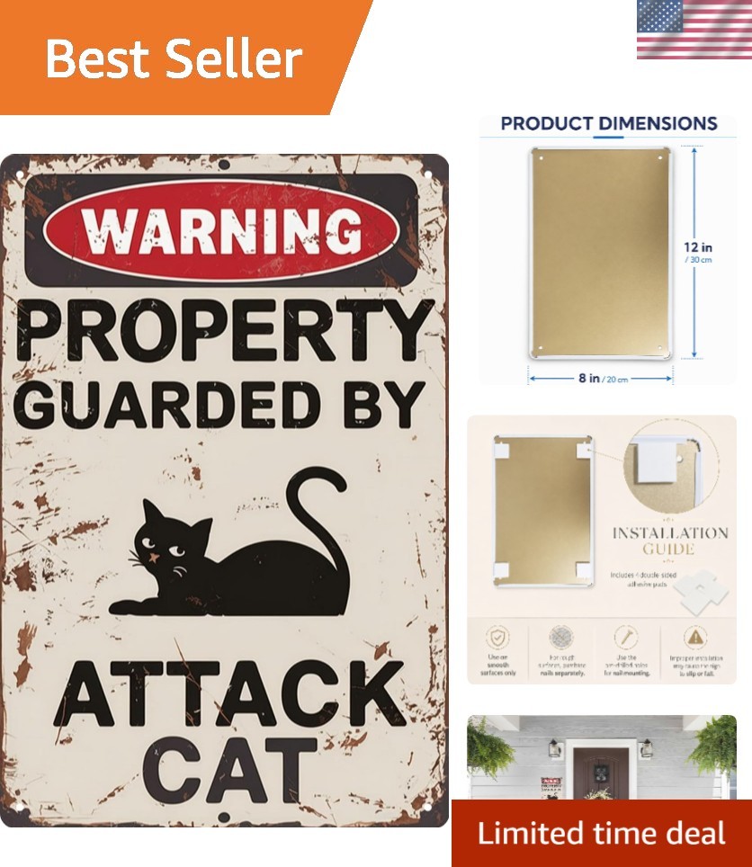 8x12in Attack Cat Pet Warning Sign - Quirky Garden Wall Art for Cat Lovers