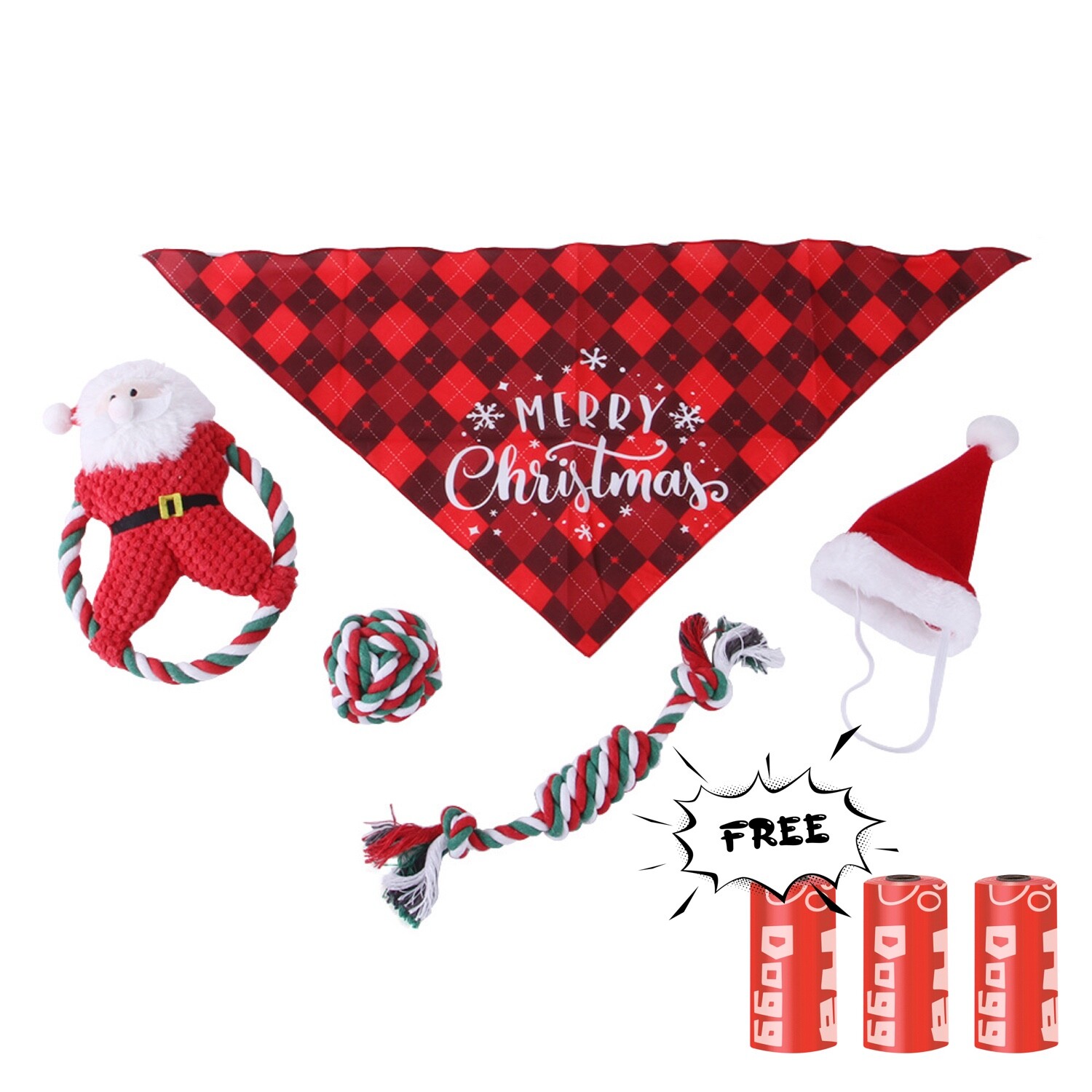Dog Chew Toys Christmas Suit (5 pc) with 3 Free Dog Poop Bag