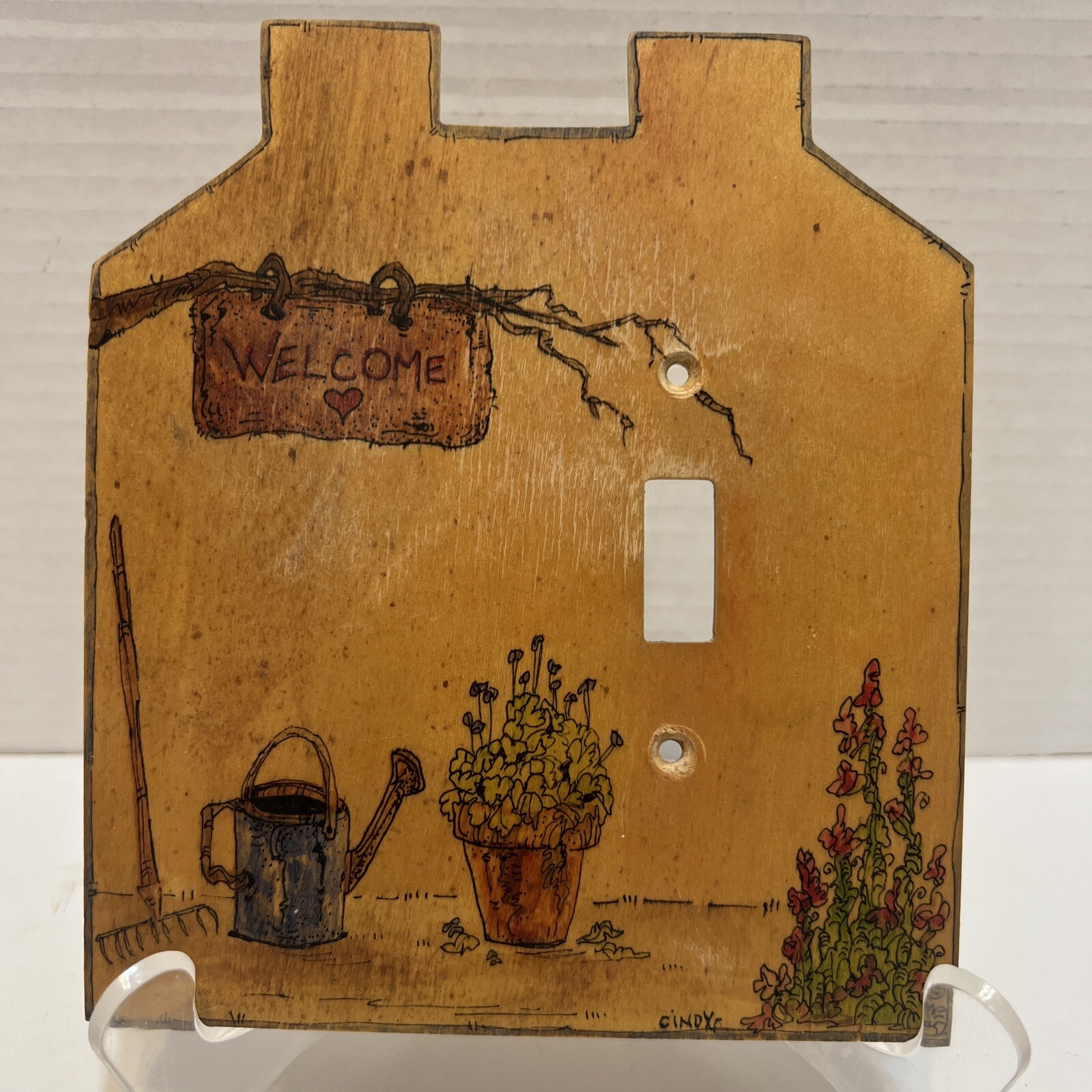 Handcrafted House Shaped Wooden Single Switch Plate Cover w/ Garden Scene